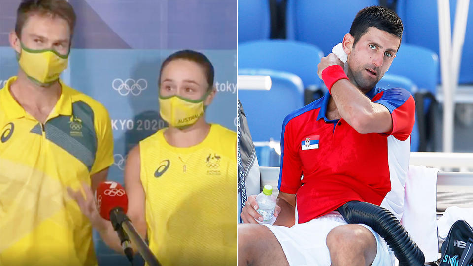 Aussies John Peers and Ash Barty are seen here talking after claiming a bronze medal in mixed doubles.