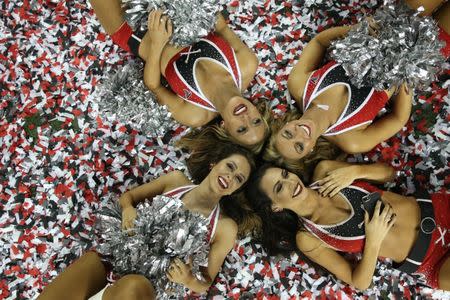 Jan 22, 2017; Atlanta, GA, USA; Atlanta Falcons cheerleaders celebrate in the confetti after the game against the Green Bay Packers in the 2017 NFC Championship Game at the Georgia Dome. Atlanta defeated Green Bay 44-21. Mandatory Credit: Jason Getz-USA TODAY Sports