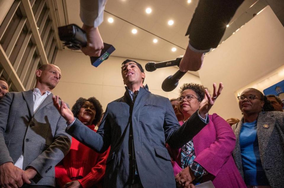 Assembly Speaker designee Robert Rivas makes a statement after he was elected speaker at a Democratic caucus meeting in November at the Convention Center in Sacramento. He will take the position June 30, 2023. Hector Amezcua/hamezcua@sacbee.com