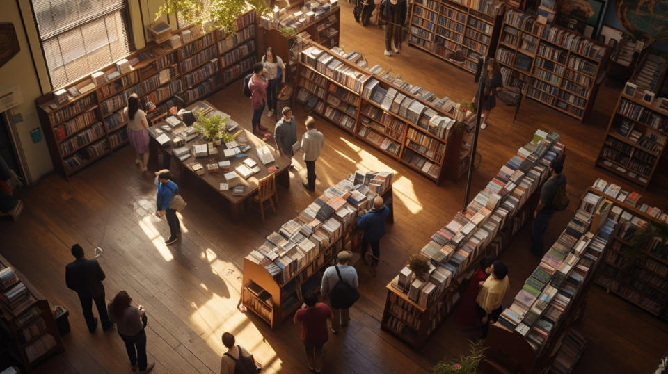 An aerial view of a well-stocked bookstore, with customers browsing inside.