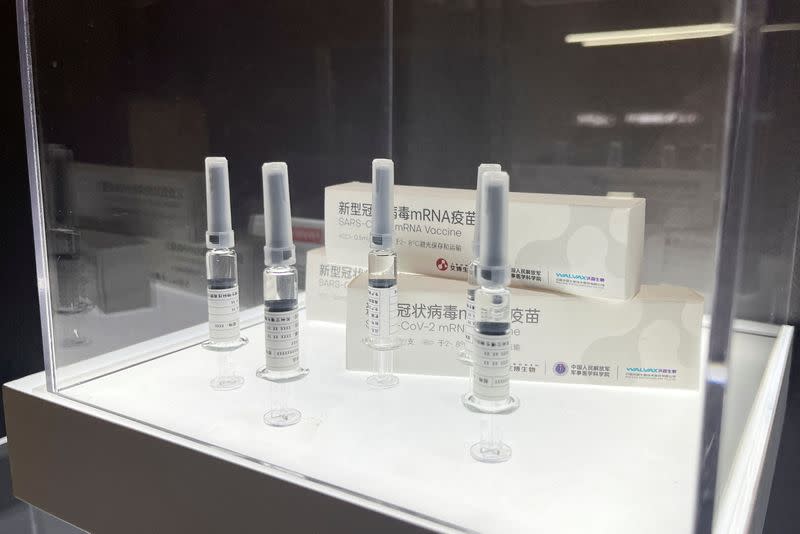 Boxes of messenger RNA (mRNA) vaccines against the coronavirus disease (COVID-19) developed by Walvax Biotechnology and Abogen Biosciences are pictured at a display at Abogen Biosciences' headquarters in Suzhou