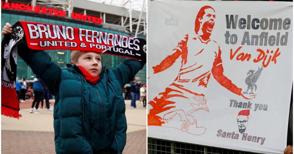 A young Manchester United supporter welcomes Bruno Fernandes after his January move and Liverpool fans display a banner after Virgil van Dijk joined from Southampton. Credit: Alamy