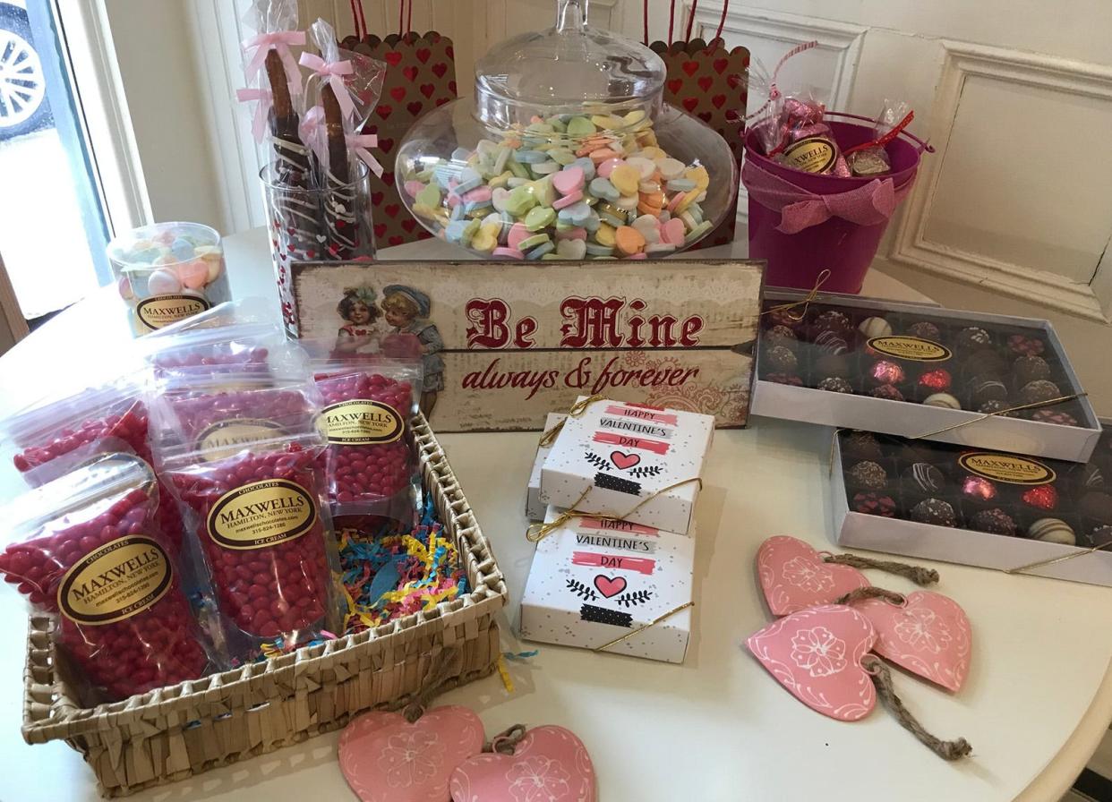 A colorful display of Valentine's Day sweets lights up Maxwell's Chocolates and Ice Cream Jan 25 in Hamilton. Area shops are gearing up for the holiday with a wide variety of gift items for that special someone.