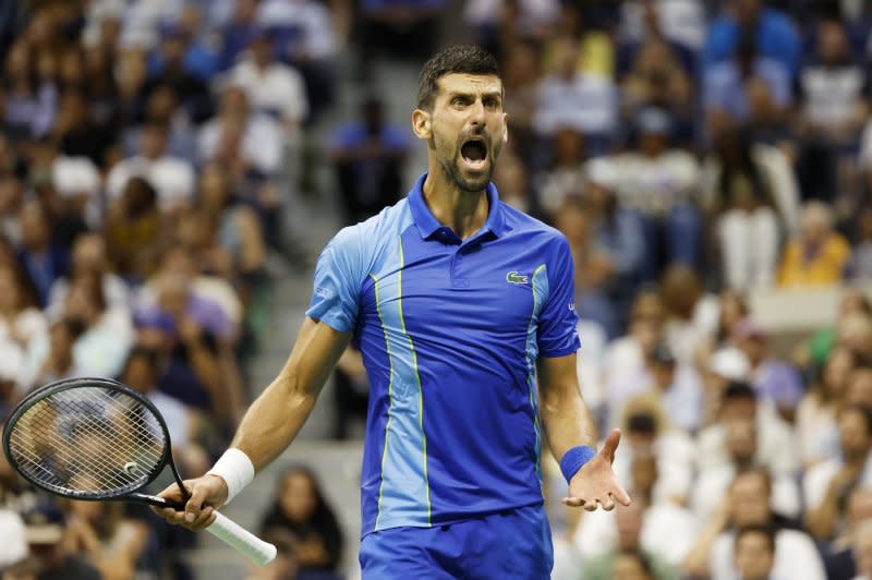 Novak Djokovic of Serbia reacts after winning a point in the second set against Daniil Medvedev of Russia in the men's singles final at the 2023 U.S. Open on Sunday in Flushing, N.Y. Photo by John Angelillo/UPI