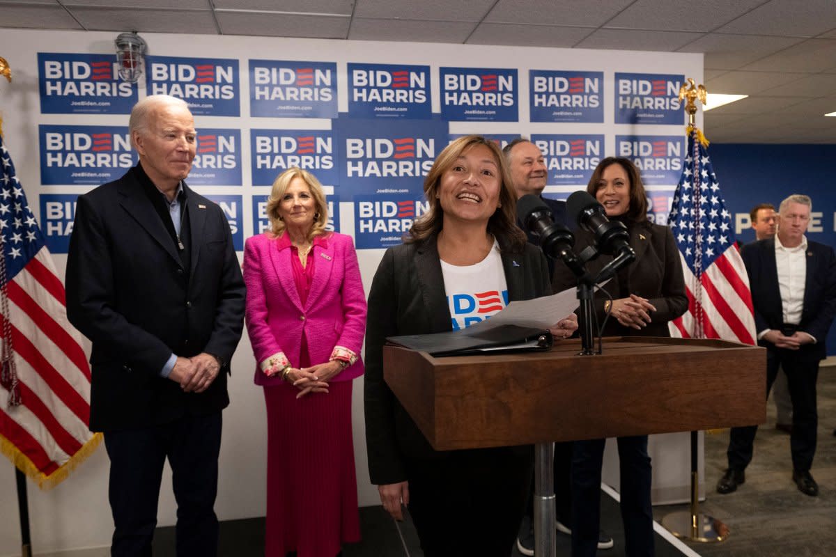 Julie Chavez Rodriguez at campaign headquarters in Wilmington on Feb. 3.<span class="copyright">Roberto Schmidt—AFP/Getty Images</span>
