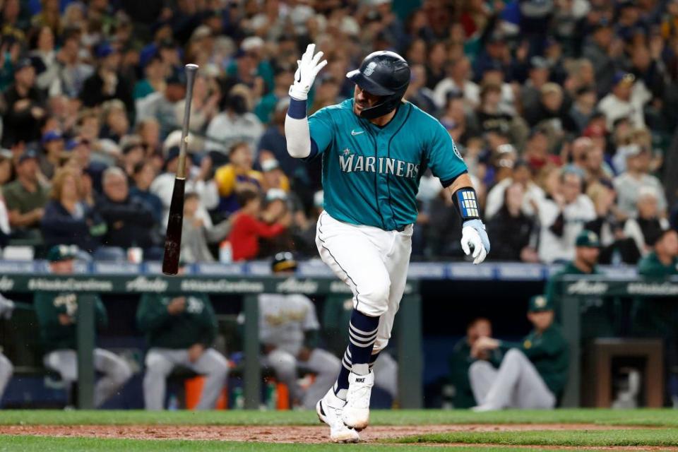 SEATTLE, WASHINGTON - SEPTEMBER 30: Luis Torrens #22 of the Seattle Mariners celebrates his single during the seventh inning against the Oakland Athletics at T-Mobile Park on September 30, 2022 in Seattle, Washington. (Photo by Steph Chambers/Getty Images)