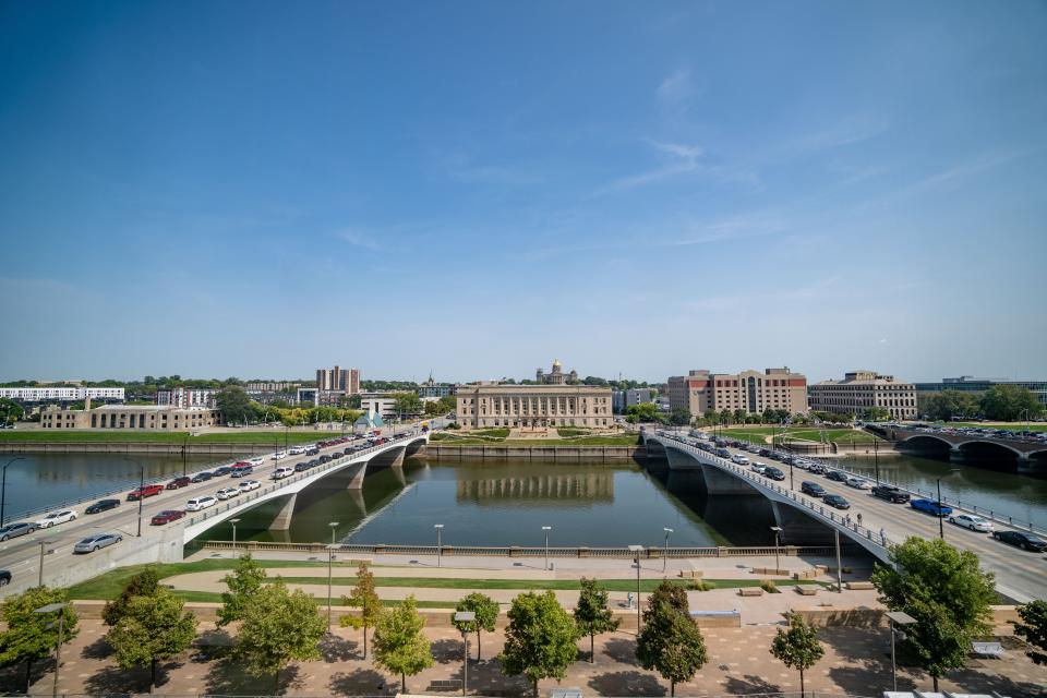 A view from the fourth floor of the new federal courthouse at 101 Locust St. in Des Moines shows the portion of the east bank of the Des Moines River that could be redeveloped should Des Moines move its workers out of the Argonne Armory, seen on the far left. On the far right is the US Federal Courthouse, which also could be sold for redevelopment when the government finishes building its new courthouse.