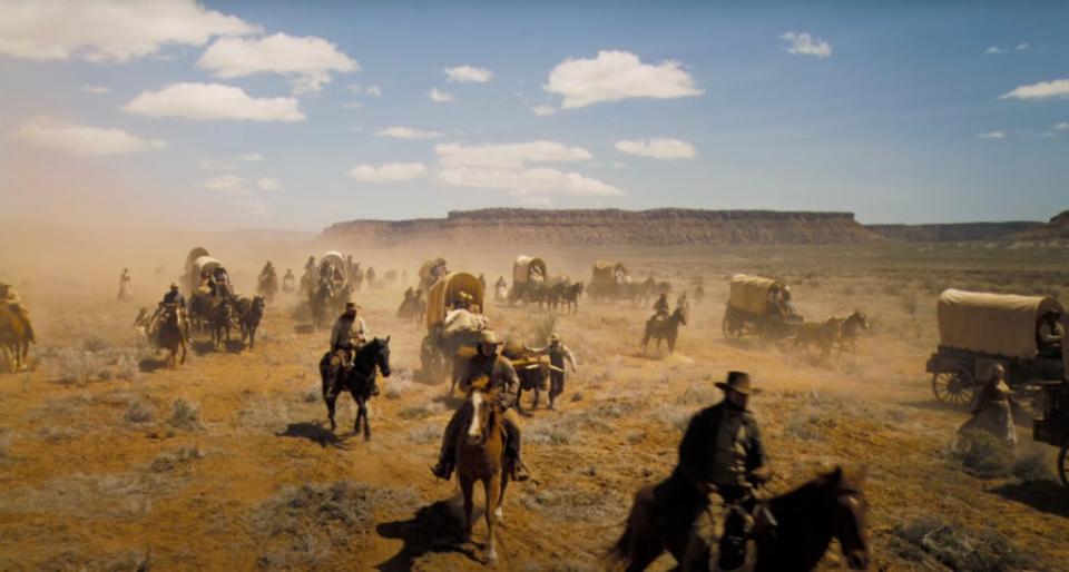 The trailer shows horse-drawn wagons. YouTube/Warner Bros. Pictures