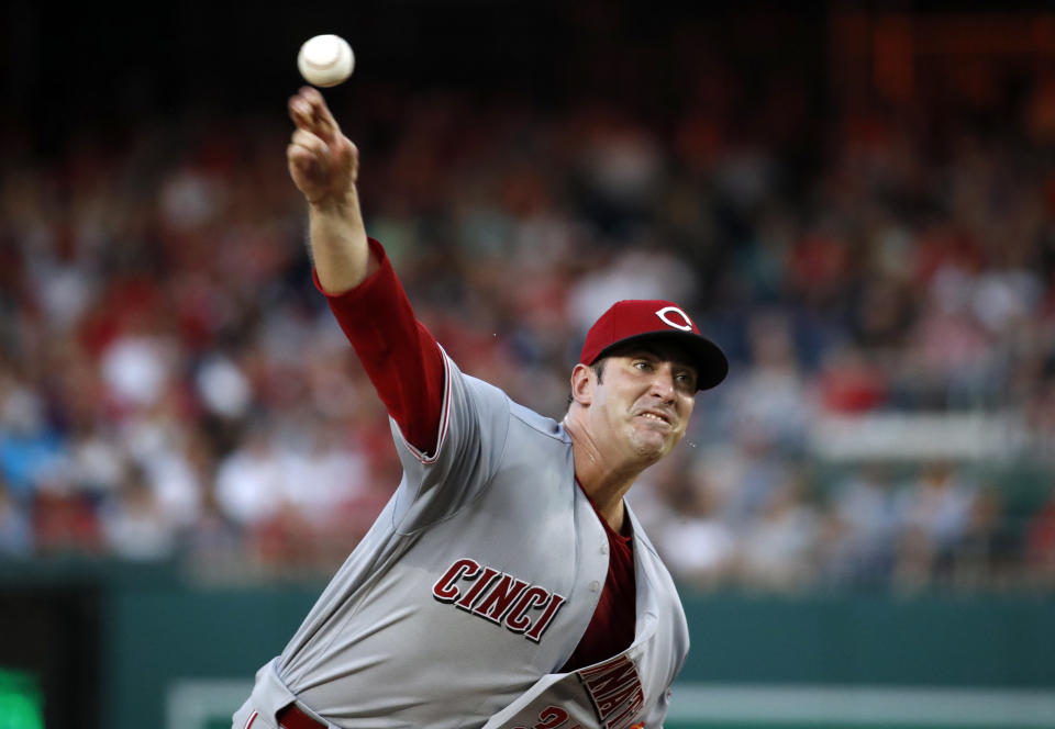 Cincinnati Reds starting pitcher Matt Harvey throws during the third inning of the second baseball game of a doubleheader against the Washington Nationals at Nationals Park, Saturday, Aug. 4, 2018, in Washington. (AP Photo/Alex Brandon)