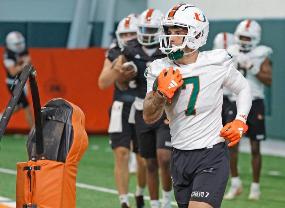 Miami Hurricanes wide receiver Xavier Restrepo runs through practice drills at the Carol Soffer Indoor Practice Facility in Coral Gables, Florida on Wednesday, March 6, 2024.