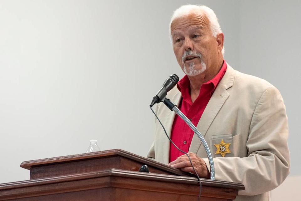 Hancock County Sheriff Ricky Adam speaks during an election forum at American Legion in Waveland on Monday, July 10, 2023.