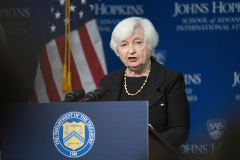 Treasury Secretary Janet Yellen speaks on the U.S.-China economic relationship at Johns Hopkins University School of Advanced International Studies, Thursday, April 20, 2023, in Washington. (AP Photo/Manuel Balce Ceneta)