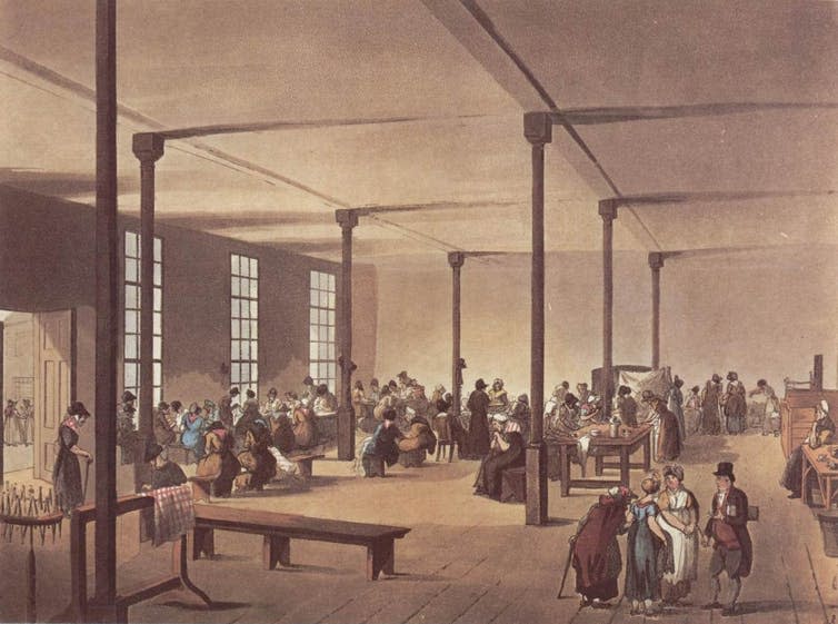 A painting of a work room in a workhouse