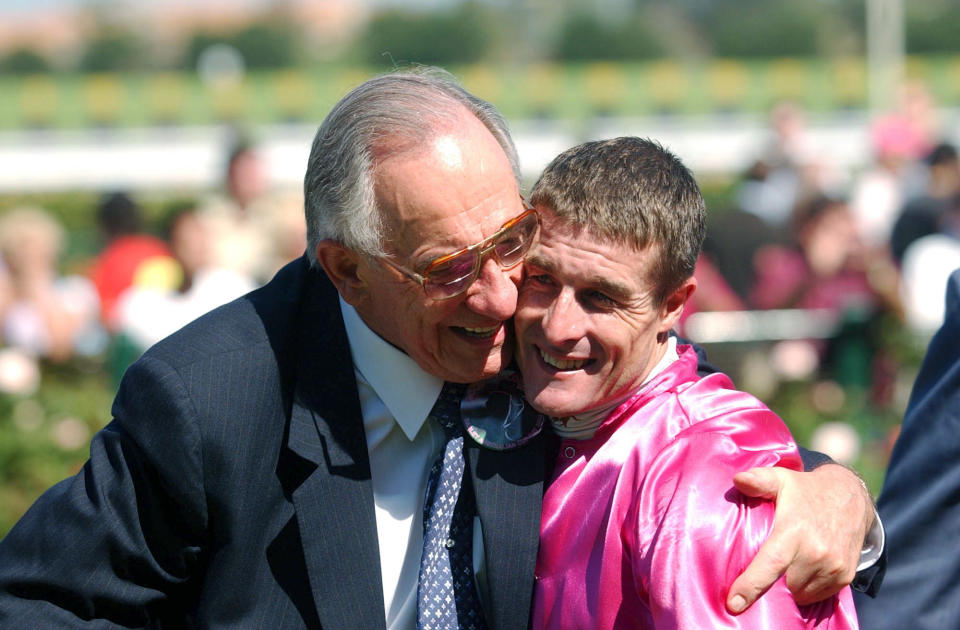 Jocky Darren Beadman (right) and Lonhro owner Bob Ingham celebrate after winning the Australian Cup at Flemington race track in 2004.