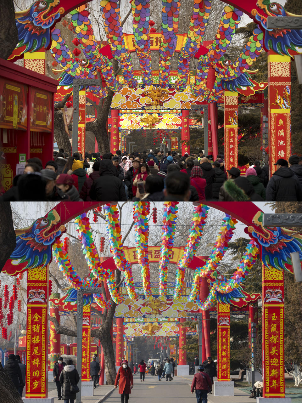 In this combination image of photos taken Feb. 6, 2019, top, and Jan. 25, 2020, bottom, people walk under a canopy of spinning fans for a Lunar New Year temple fair that was held in 2019 and canceled in 2020. China's most festive holiday began in 2020 in the shadow of a worrying new virus as the death toll surpassed 40, an unprecedented lockdown kept 36 million people from traveling and authorities canceled a host of Lunar New Year events. (AP Photo/Mark Schiefelbein)