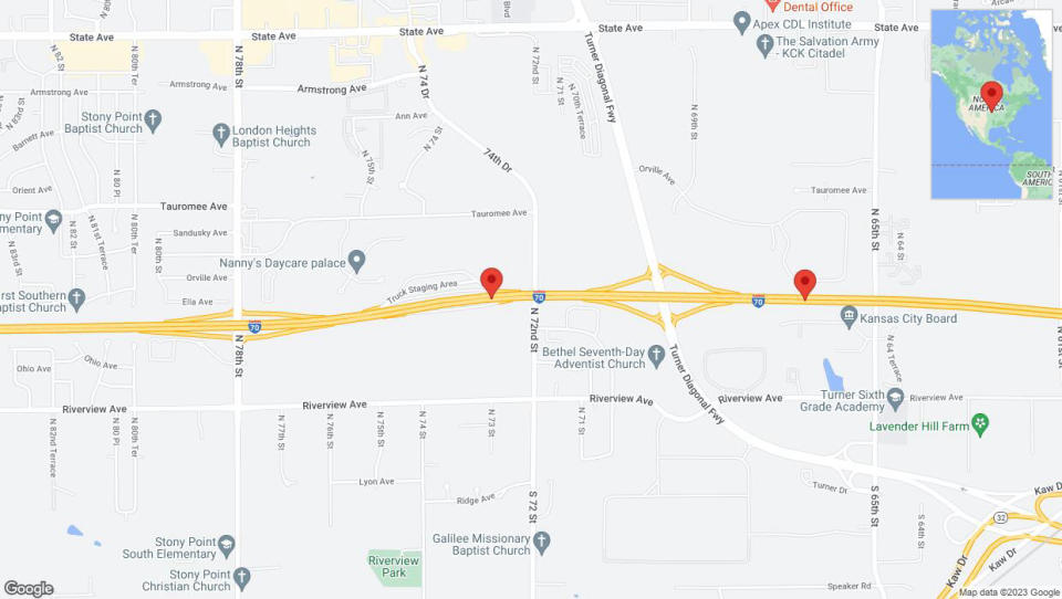 A detailed map that shows the affected road due to 'Warning: Crash on eastbound I-70 in Kansas City' on December 15th at 3:57 p.m.