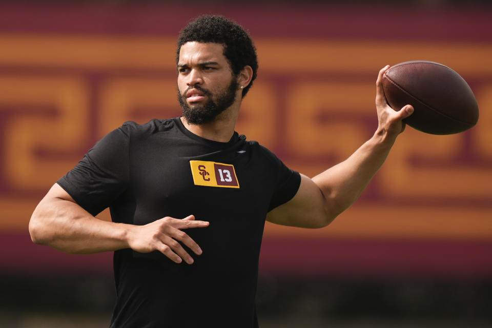 Southern California quarterback Caleb Williams throws during the NCAA college football team's NFL Pro Day, Wednesday, March 20, 2024, in Los Angeles. (AP Photo/Ryan Sun)