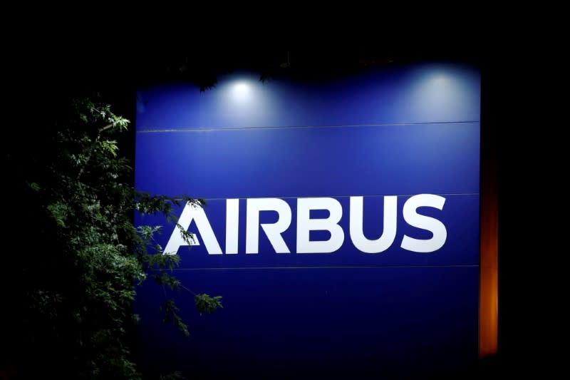 FILE PHOTO: A logo of Airbus is seen at the entrance of its factory in Blagnac near Toulouse