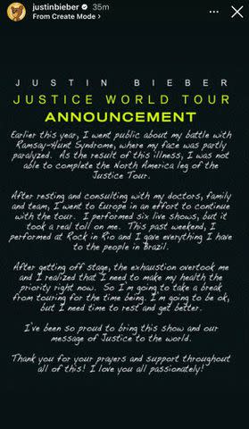 Justin Bieber/Instagram Justin Bieber Cancels Tour