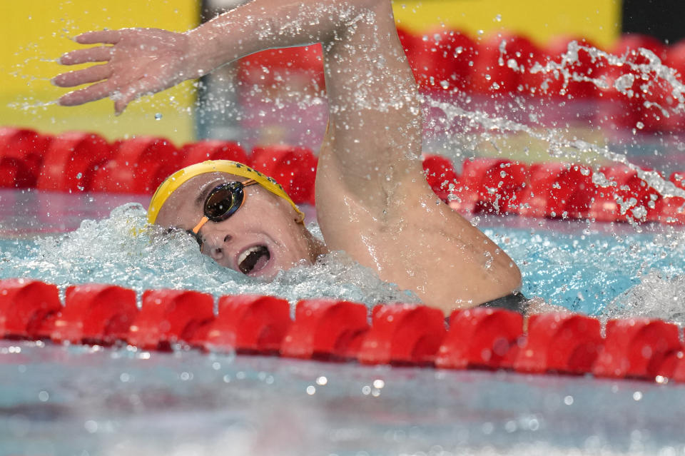 Ariarne Titmus of Australia competes in the Women's 400 meters freestyle final during the swimming competition of the Commonwealth Games, at the Sandwell Aquatics Centre in Birmingham, England, Wednesday, Aug. 3, 2022. (AP Photo/Kirsty Wigglesworth)