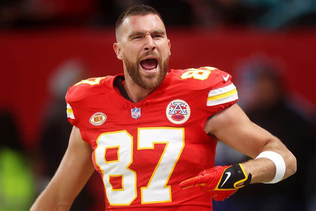 <p>Alex Grimm/Getty</p> Travis Kelce #87 of the Kansas City Chiefs