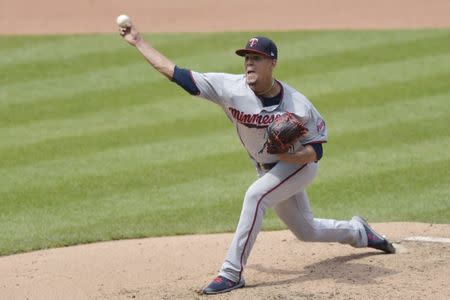 Aug 9, 2018; Cleveland, OH, USA; Minnesota Twins starting pitcher Jose Berrios (17) delivers in the fourth inning against the Cleveland Indians at Progressive Field. Mandatory Credit: David Richard-USA TODAY Sports