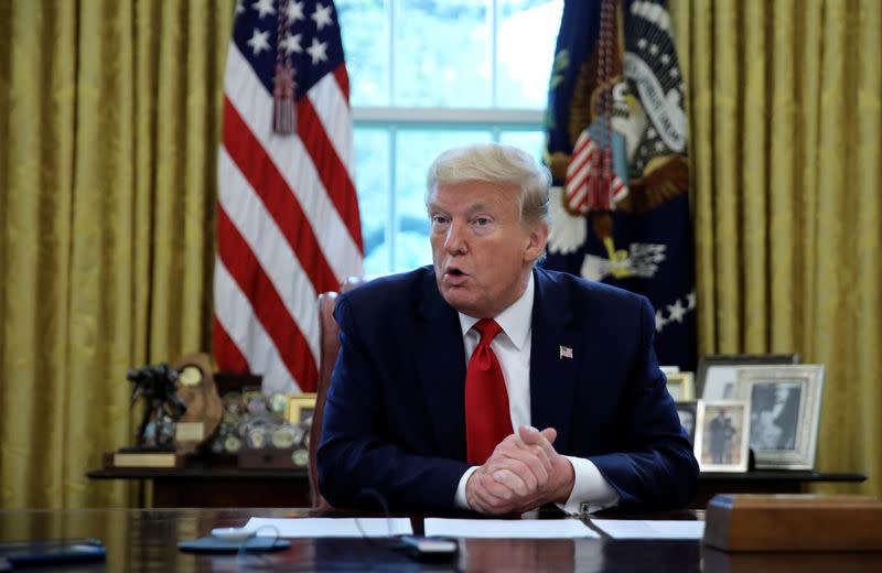 U.S. President Trump answers questions during an interview with Reuters in the Oval Office of the White House in Washington