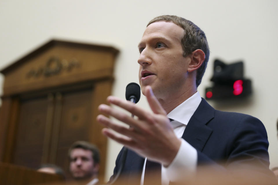 Facebook CEO Mark Zuckerberg testifies before a House Financial Services Committee hearing on Capitol Hill in Washington, Wednesday, Oct. 23, 2019, on Facebook's impact on the financial services and housing sectors. (AP Photo/Andrew Harnik)