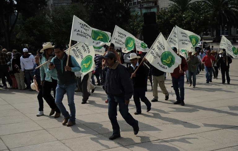 Farmers gather for a demonstration in Mexico City, on August 8, 2017, as part of nationwide protests against the North American Free Trade Agreement (NAFTA) and what they call their government's broken promises on land rights and working conditions