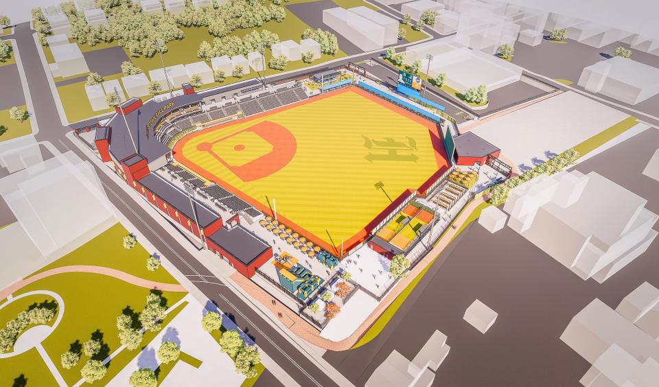 This architect's rendering shows the Hagerstown Multi-Use Sports and Events Facility that is under construction downtown, looking from West Baltimore Street toward Summit Avenue. Downtown Baseball LLC is seeking the public's help in naming the new Atlantic League of Professional Baseball franchise that will play in the new stadium once it's completed next year.