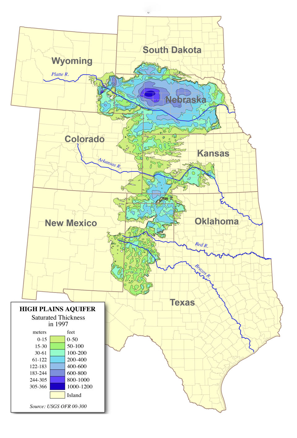 Saturated thickness of the Ogallala Aquifer in 1997 after several decades of intensive withdrawals. The breadth and depth of the aquifer generally decrease from north to south.<span class="copyright">Wikipedia</span>