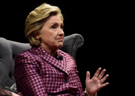 Former U.S. Secretary of State, Hillary Clinton speaks during an interview with Mariella Frostrup at the Cheltenham Literature Festival in Cheltenham, Britain October 15, 2017. REUTERS/Rebecca Naden