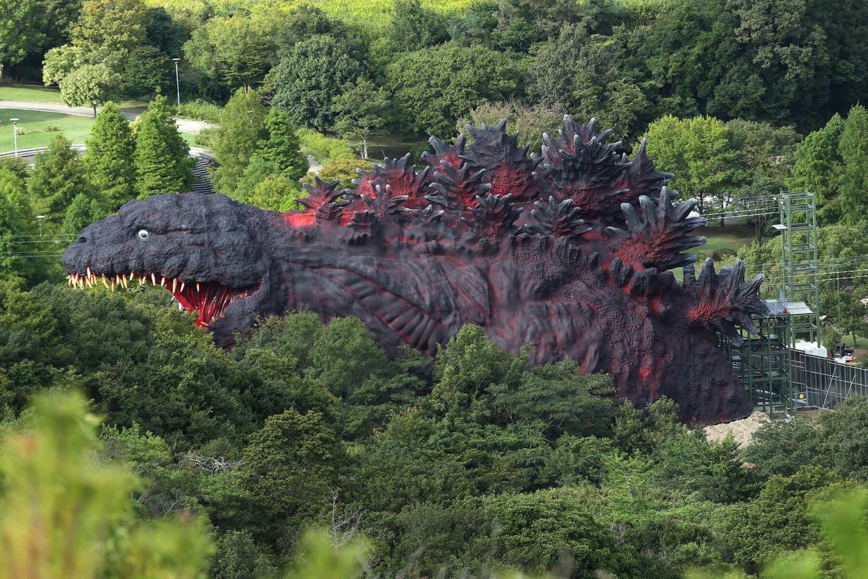 Godzilla replica zip-line ride pictured at the Nijigen no Mori theme park