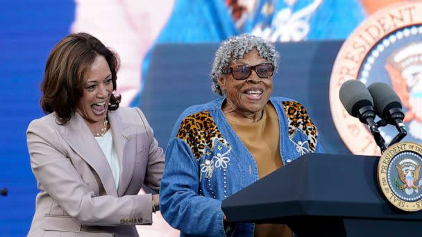 PHOTO: Vice President Kamala Harris welcomes Opal Lee to the stage during a Juneteenth concert on the South Lawn of the White House in Washington, June 13, 2023. Opal Lee is considered the grandmother of Juneteenth. (Susan Walsh/AP)