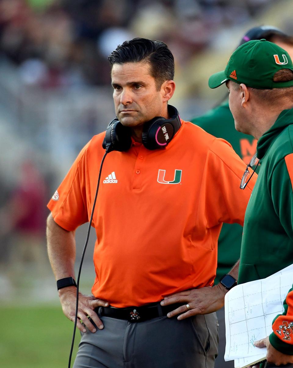 Miami coach Manny Diaz, on the sideline during the loss to Florida State, has not lost his players despite a disappointing 2021 season.