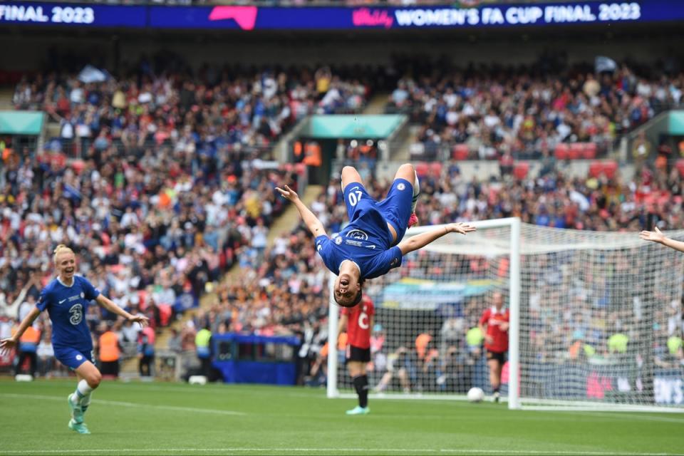 Sam Kerr does a somersault (Chelsea FC via Getty Images)