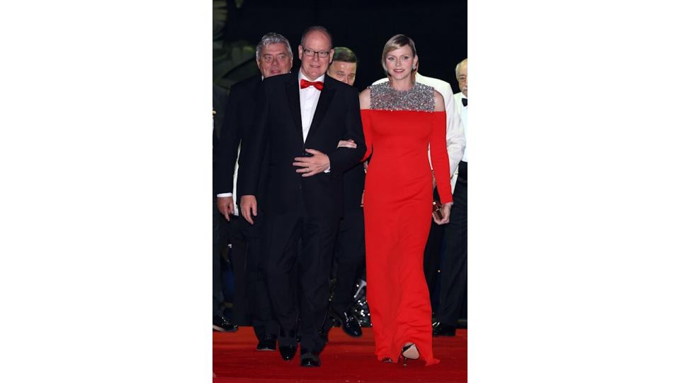 princess charlene red dress prince ablert f1 gala dinner 