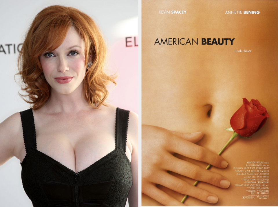 Christina alongside the movie's poster showing a rose resting on a woman's abdomen