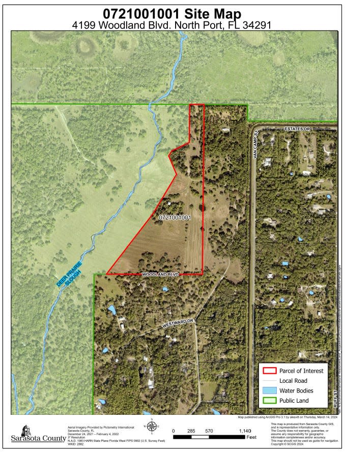 This map shows a 43-acre site that was purchased by Sarasota County through its Environmentally Sensitive Land Protection Program.