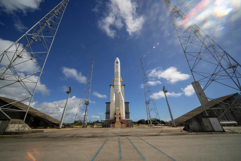 ESA's Ariane 6 rocket stands at the launchpad.