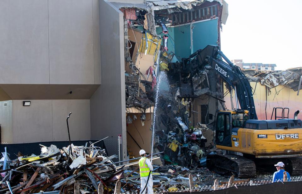 The demolition process starts on Fort Myers Beach Town Hall on Friday, August 4, 2023. The building was destroyed in Hurricane Ian.