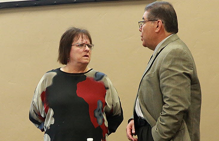 Former judge and prosecutor Jeanne H. Quintero chats with current Judge Conrad Perea during a community forum on Aug. 10, 2021. On Jan. 19, 2022, a committee nominated Quintero to fill a vacancy in the 3rd Judicial District Courthouse.