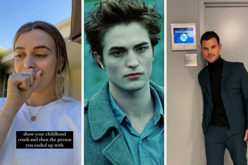 Tay shares the meme format of show your childhood crush and then the person you ended up with and it's robert pattinson and then taylor