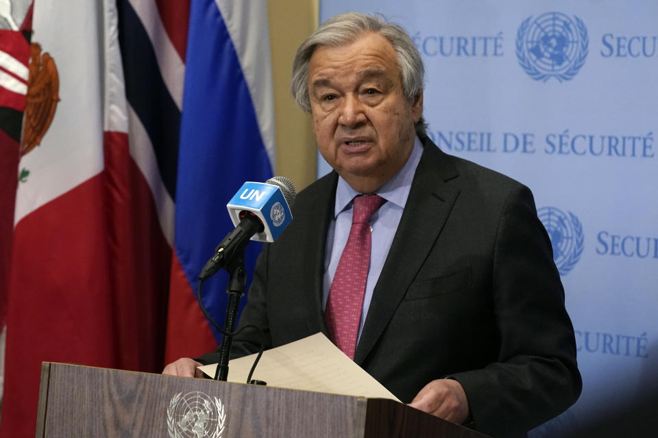 United Nations Secretary General Antonio Guterres makes a statement outside the Security Council at U.N. headquarters on Monday, March 14, 2022. (AP Photo/Richard Drew)