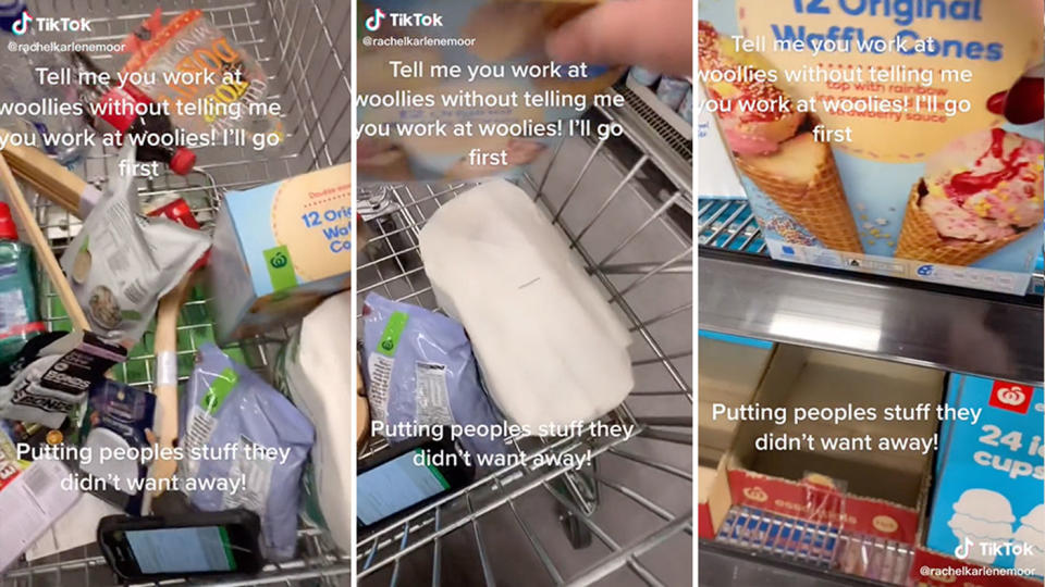 Screenshots from TikTok show a trolley full of items which employees have to put back.