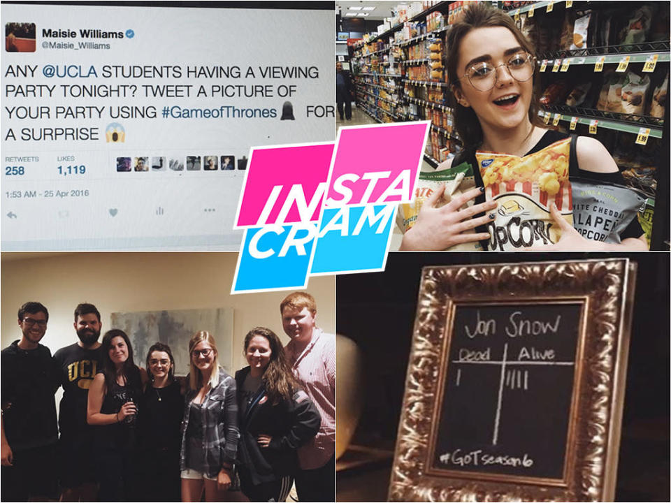 So you’re having a GoT Season 6 premiere viewing party. You’ve got your Grey Worm’s Worms, a batch of dragon egg cookies, and a heated “Is Jon Snow Dead?” pool underway. All you need is… Arya Stark to show up carrying a bag of white cheddar jalapeño popcorn?! Williams, 19, crashed a fan party in L.A. — and documented the whole thing on Instagram because, in addition to having mad sword skills, she’s awesome. (Photos: Instagram)