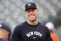 New York Yankees' Aaron Judge laughs before a baseball game against the Baltimore Orioles, Tuesday, April 30, 2024, in Baltimore. (AP Photo/Nick Wass)