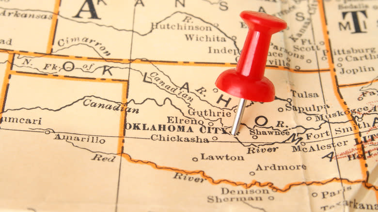 old Oklahoma map red push pin
