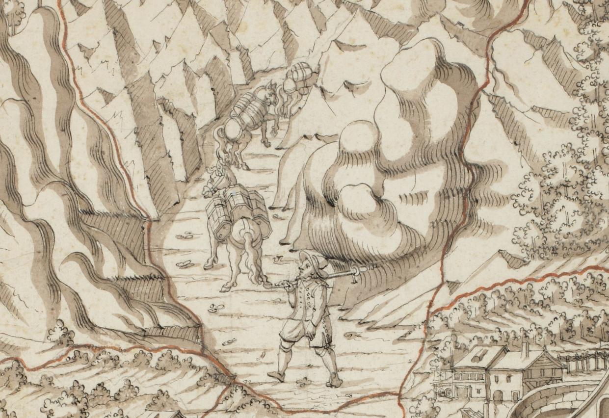 crop zooming into the illustration's background shows a man carrying a sword over his shoulder climbing up a mountain path with three mules carrying bags