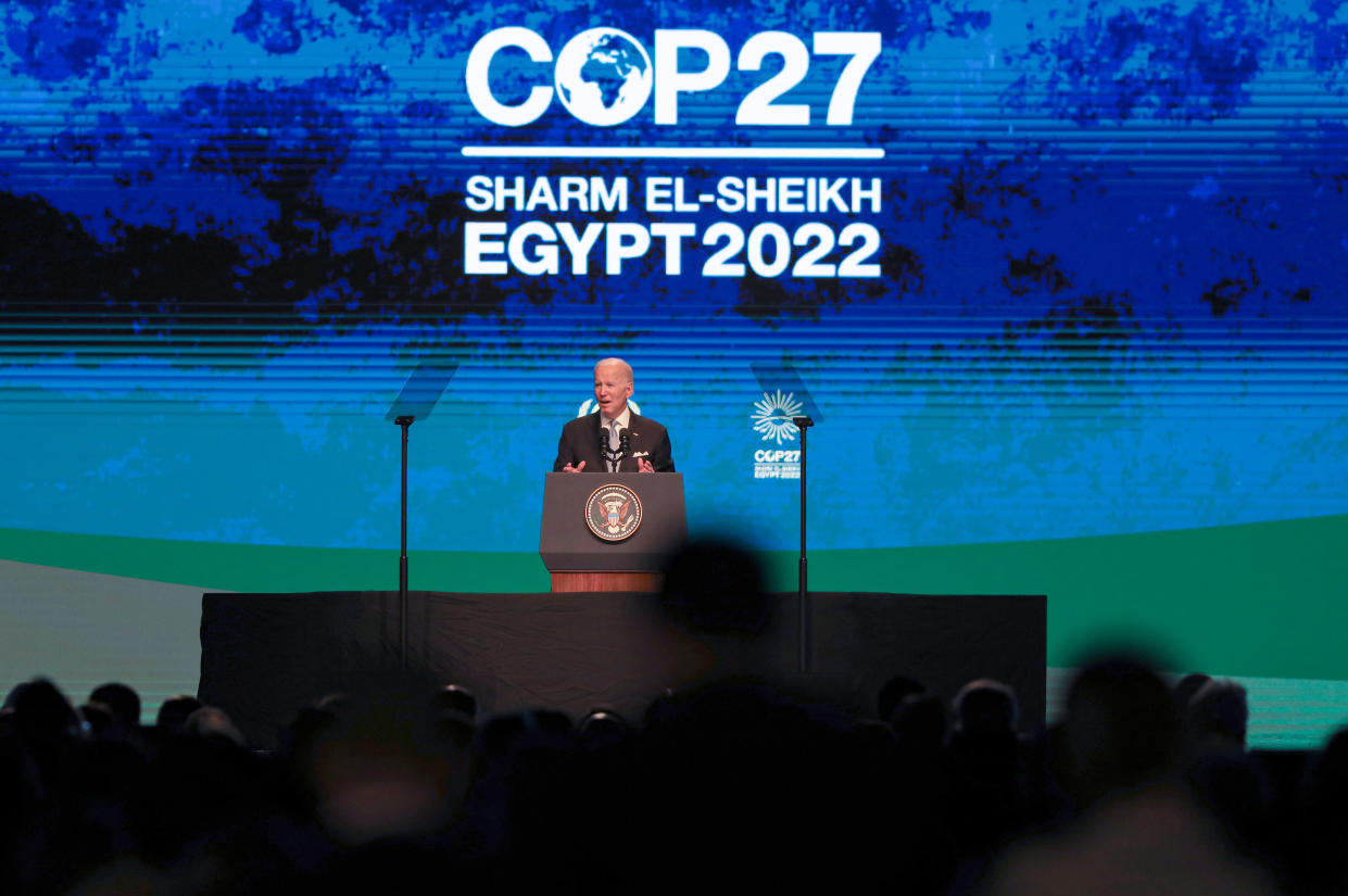 President Biden at the podium with a backdrop that says: COP27, Sharm el-Sheikh, Egypt 2022.